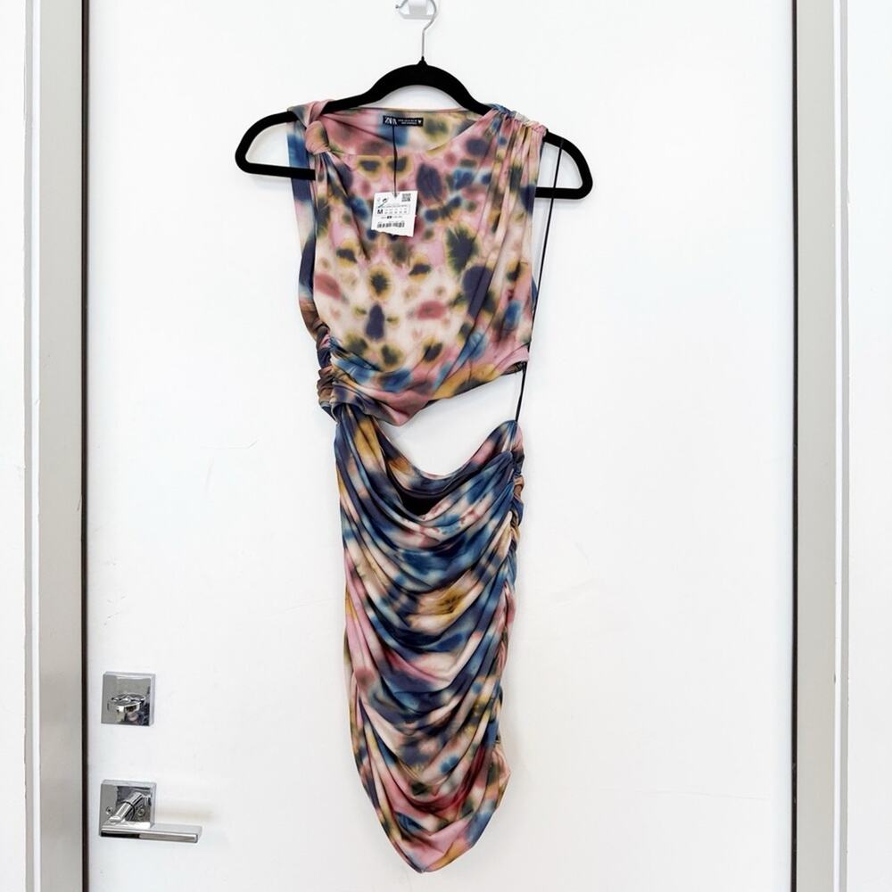 NWT NEW Zara Draped Fitted Tie Dye Cut Out Mini Dress - Party Night Out - Picture 5 of 7